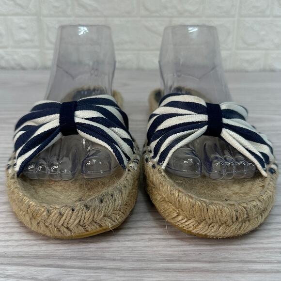Nine West Slide Sandals SZ 10B Flat Espadrille Slip On Black White Striped Open - Picture 6 of 9